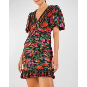 Farm Rio Lady Strawberry Ruched Collar Puff Sleeve Dress Size Small